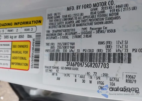 2016 Ford Fusion Se из США, поврежденный, VIN 3FA6P0H75GR207703